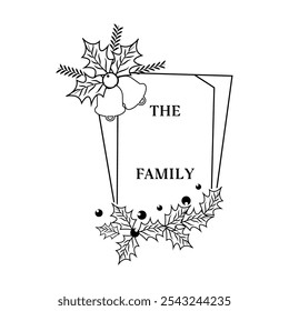 Design de quadro de monograma da família de Natal, quadro geométrico de Natal personalizável com folhas de Holly, bagas e sinos