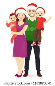 Christmas family portrait. Parents with newborn baby girl and toddler boy in santa hats vector illustration isolated.
