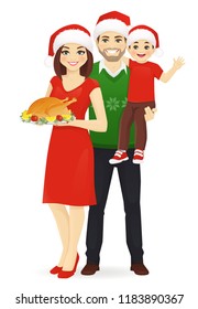 Christmas family portrait. Parents with son in santa hats vector illustration isolated. Woman holding turkey.