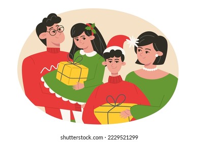 Christmas family portrait with presents in flat style