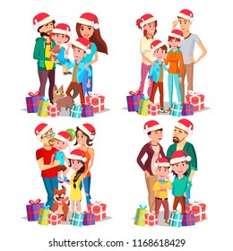 Christmas Family Portrait Set Vector. Parents, Children. In Santa Hats. Happy. New Year Gifts. Happy Family. December Eve. Isolated Cartoon Illustration
