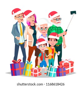 Christmas Family Portrait Vector. Big Happy Family. Traditional Event. Santa Hats. New Year Gifts. Parents, Grandparents, Children. Greeting, Postcard, Colorful Design. Isolated Cartoon Illustration
