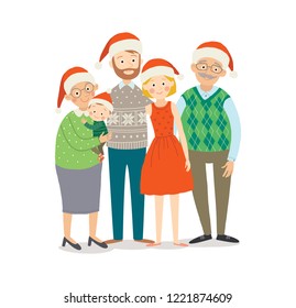 Christmas family portrait. Young parents with newborn baby boy and grandparents. Cartoon vector hand drawn illustration isolated on white background in a flat style