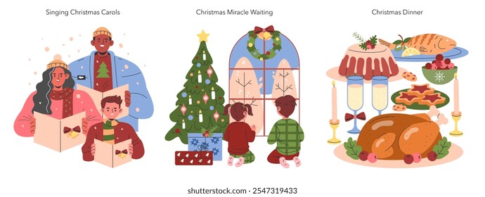 Christmas Family set. Festive activities of family singing carols, anticipating miracles, and enjoying dinner. Shared moments during holiday season. Vector illustration.