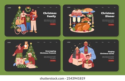 Christmas Family set. Festive gathering with decorated tree, holiday meal, unwrapping gifts, and singing carols. Joyful inclusivity, cozy traditions. Vector illustration.