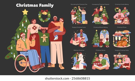 Christmas Family set. Heartwarming holiday activities with loved ones. Tree decoration, baking, carols, and festive dinner scenes. Vector illustration.