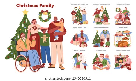 Christmas Family set. Multigenerational family enjoying holiday traditions together. Decorating, gift unwrapping, baking, and caroling moments. Vector illustration.