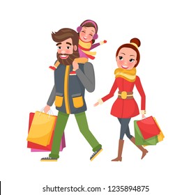 Christmas family shopping day. Woman in red overcoat with yellow scarf and man in jacket and green trousers with child sitting on shoulders vector