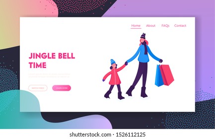 Christmas Family Shopping Website Landing Page. Happy Mother Holding Little Daughter by Hand and Paper Bags with Gifts for Xmas, New Year Celebration Web Page Banner. Cartoon Flat Vector Illustration