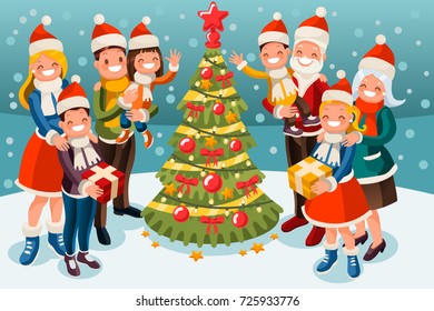 Christmas family in snow night sky. Parents and children smiling decorating christmas tree . Kids holiday family set. Vector illustration in a flat style