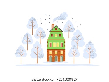 Christmas family stone house three floors with green plastered facade with smoke from chimney, snow, surrounded by snow-covered trees. Cute vector greeting illustration.