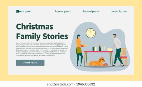 Christmas Family Story and Happy Holidays Time. Couple Preparing Gala Dinner. Woman Holds Baked Turkey. Man Puts Cutlery on Table. Dog Holds Bone Gift. Landing Web Page, Winter Banner