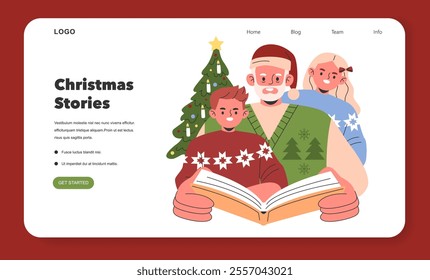 Christmas Family Time concept. A cozy scene of a family enjoying a storybook together by the Christmas tree. Festive holiday bonding and tradition. Vector illustration.