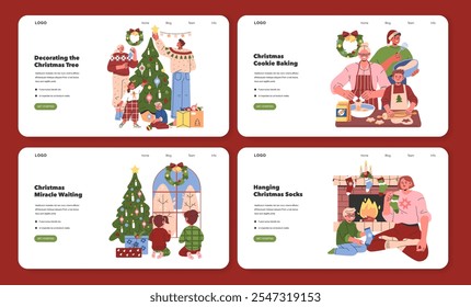 Christmas Family Traditions set. Decorating, baking, and magical anticipation during holiday preparations. Warm familial activities around the Christmas tree and fireplace. Vector illustration.