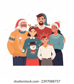 Christmas Family. Vector cartoon flat illustration of parents and children in cozy outfits, Santa and Christmas hats, standing together in an embrace. Isolated on a white snowy background