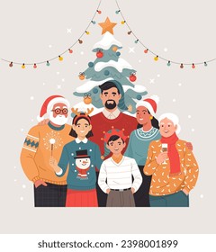 Christmas Family. Vector cartoon flat illustration of parents, grandparents, and children in cozy outfits, Santa and Christmas hats, standing together. Isolated on a background with a Christmas tree.