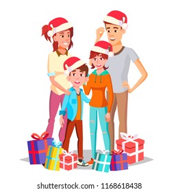 Christmas Family Vector. Dad, Mother, Kids. In Santa Hats. Happy. New Year Gifts. Portrait. Banner, Flyer, Brochure Design. Isolated Cartoon Illustration
