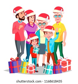 Christmas Family Vector. December Eve. Cheerful. Mom, Dad, Children, Grandparents Together. Happy. New Year Gifts. Banner, Flyer, Brochure Design. Isolated Cartoon Illustration