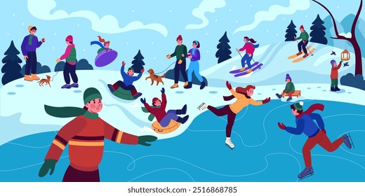 Christmas family walk in nature. Children play on snow. Winter landscape. Snowy hills. Cold season sport. Ice skating. Frozen street park. Kids ski and sleigh. Outdoor activity. Vector tidy background