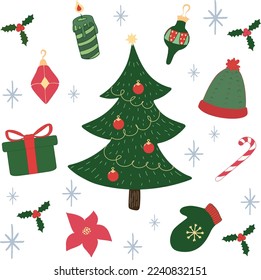 Christmas fancy attributes in green and red colors. Christmas festive set. Hand drawn elements. Vector art