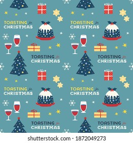 Christmas Fancy Party Celebration vector seamless pattern. Winter season holiday festive cartoon. Traditional pudding, wein glass ornament background. Christmas Tree Decoration wallpaper illustration