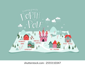 Christmas fantasy map of the North Pole, showing the home and toy factory of Santa Claus, reindeer stables, elf village etc. - vintage Christmas greeting card template