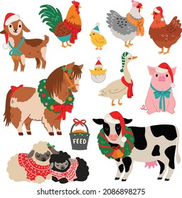 Conjunto de ilustraciones vectoriales de animales de granja de Navidad