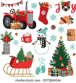 Christmas Farm House Tractor Vector Illustrations Set 3