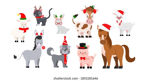 Animales de granja navideña aislados con fondo blanco. Caricatura de invierno: ovejas, cabra, vaca, burro, caballo, cerdo, gato, perro, conejo. Ilustración de imagen de clip de diseño plano vectorial.