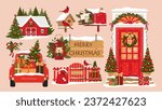 Christmas farmhouse illustrations set. Decorated front door, birdhouse, crested birds, barn, car with gifts in the trunk, wooden sign, red vintage lantern, Santa mailbox. Isolated vector clipart.