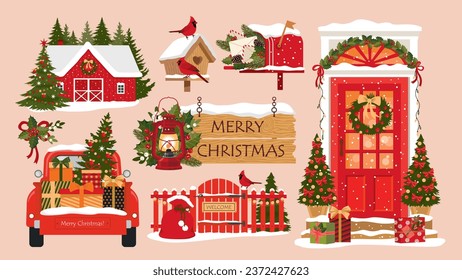 Christmas farmhouse illustrations set. Decorated front door, birdhouse, crested birds, barn, car with gifts in the trunk, wooden sign, red vintage lantern, Santa mailbox. Isolated vector clipart.