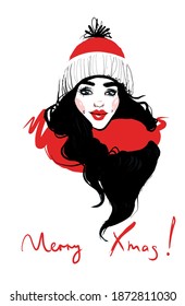 Christmas fashion girl hand drawn. Sketch woman in winter hat. Stylish girl look. Christmas card.