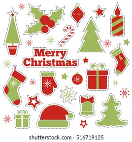 Christmas fashion patches. Vector set of badges, stickers with christmas tree, gift boxes, holly berries, santa stockings