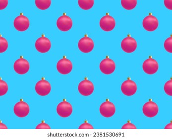 Christmas fashion seamless pattern with pink realistic balls on blue background. Holiday design for card, textile, wrapping paper, backdrop.