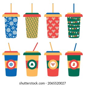 Christmas fast food drink cup with sraw design set. Takeaway coffee or hot chocolate container. Vector illustration