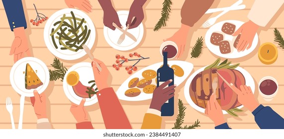 Christmas Feast, Human Hands Reaching For Delectable Dishes, Pouring Vine And Cutting Meat. A Tantalizing Top View