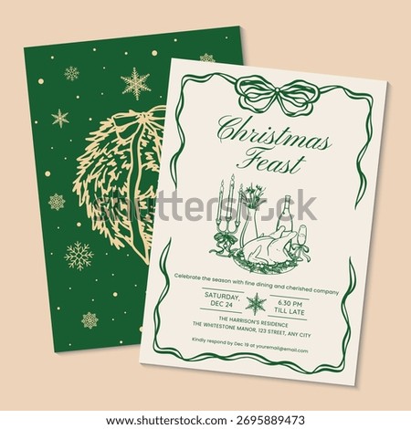 Christmas feast invitation with hand-drawn objects in green gold theme. Back and front vector illustration Christmas dinner invitation template.