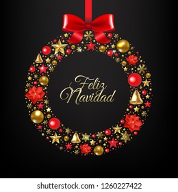 Christmas (Feliz Navidad) Postcard Wreath And Ball With Gradient Mesh, Vector Illustration