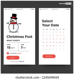 Christmas Fest Book Dates UX and UI App Phone Screen with Snowman Illustration