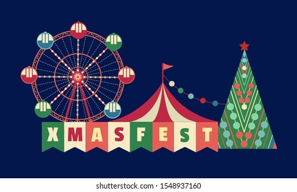 Christmas Fest flat color vector poster. Traditional winter season family enjoy festival rides entertainment background. Xmas holiday celebration cartoon illustration. Fun fair festival flyer template