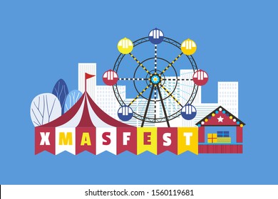 Christmas Fest flat color vector poster. Traditional winter season family enjoy festival rides entertainment background. Xmas holiday celebration cartoon illustration. Christmas market flyer template