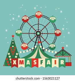 Christmas Fest flat color vector poster. Traditional winter season family enjoy festival rides entertainment background. Xmas holiday celebration cartoon illustration. Fun fair festival flyer template