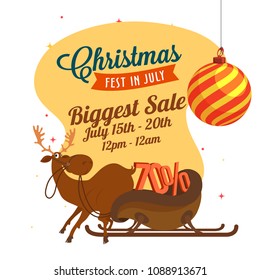 Christmas fest in July, poster, banner or flyer design with reindeer and 70% off offer with hanging Christmas Ball.