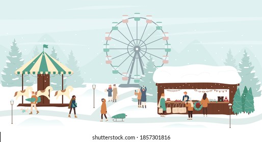 Christmas fest in winter amusement entertainment park vector illustration. Cartoon xmas snow landscape with Christmas fair festival market, people enjoy festive xmas holiday celebration background