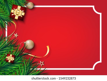 Christmas festival. gift box ball and  pine leaves on  red background