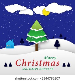 christmas festival night background at happiness There are mountains, trees and houses on top with clouds and the moon. snow that spreads Below are the letters blue background for cards, brochures