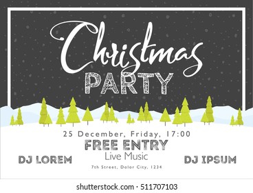 Christmas Festival and Party template. Snow tree mountains landscape horizontal background. Template for holidays, concerts and parties. Winter theme.