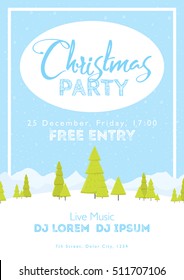 Christmas Festival and Party template. Snow tree mountains landscape vertical background. Template for holidays, concerts and parties. Winter theme.