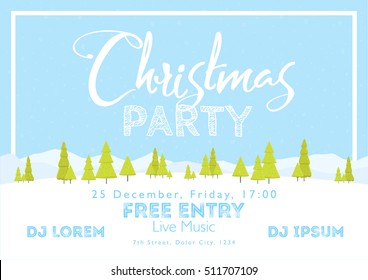 Christmas Festival and Party template. Snow tree mountains landscape horizontal background. Template for holidays, concerts and parties. Winter theme.