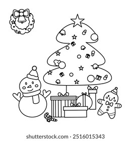 Patrón de Vector del festival de las Navidades, fondo blanco y negro, niños para colorear